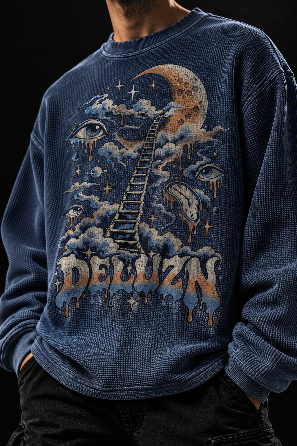 Deluzn Celestial Moon Ladder Graphic Unisex Oversize Waffle Knit T-Shirt - view 1