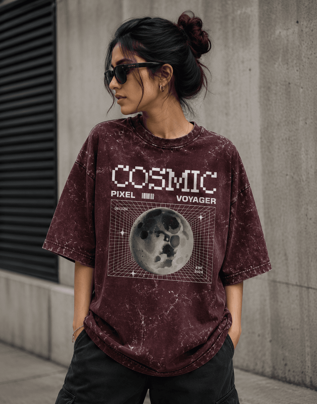 DELUZN Unisex Cosmic Pixel Voyager Acid Wash Oversized T-Shirt - view 3